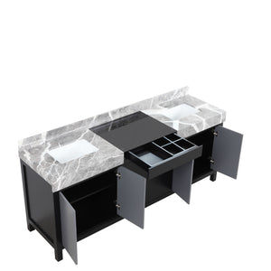Lexora Zilara LZ342280DLIS000 80" Double Bathroom Vanity in Black and Grey with Castle Grey Marble, White Rectangle Sinks, Open Doors and Drawer