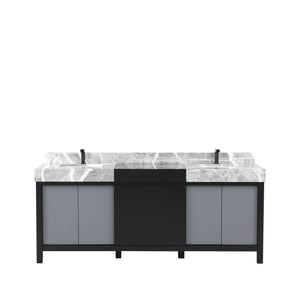 Lexora Zilara LZ342280DLIS000 80" Double Bathroom Vanity in Black and Grey with Castle Grey Marble, White Rectangle Sinks, with Gun Metal Faucets