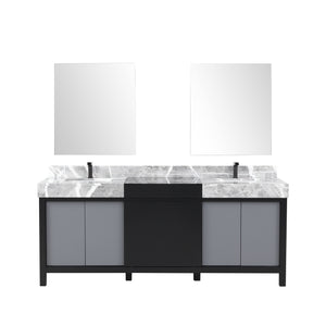 Lexora Zilara LZ342280DLIS000 80" Double Bathroom Vanity in Black and Grey with Castle Grey Marble, White Rectangle Sinks, with Mirrors and Gun Metal Faucets