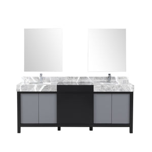 Lexora Zilara LZ342280DLIS000 80" Double Bathroom Vanity in Black and Grey with Castle Grey Marble, White Rectangle Sinks, with Mirrors and Chrome Faucets