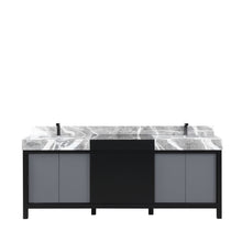 Load image into Gallery viewer, Lexora Zilara LZ342284DLIS000 84&quot; Double Bathroom Vanity in Black and Grey with Castle Grey Marble, White Rectangle Sinks, with Gun Metal Faucets