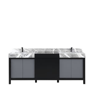 Lexora Zilara LZ342284DLIS000 84" Double Bathroom Vanity in Black and Grey with Castle Grey Marble, White Rectangle Sinks, with Gun Metal Faucets