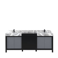 Load image into Gallery viewer, Lexora Zilara LZ342284DLIS000 84&quot; Double Bathroom Vanity in Black and Grey with Castle Grey Marble, White Rectangle Sinks, with Black Faucets