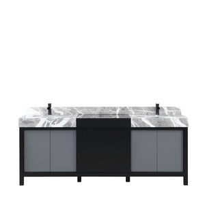 Lexora Zilara LZ342284DLIS000 84" Double Bathroom Vanity in Black and Grey with Castle Grey Marble, White Rectangle Sinks, with Black Faucets
