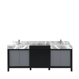 Lexora Zilara LZ342284DLIS000 84" Double Bathroom Vanity in Black and Grey with Castle Grey Marble, White Rectangle Sinks, with Chrome Faucets