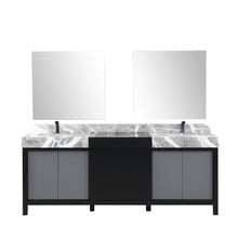 Load image into Gallery viewer, Lexora Zilara LZ342284DLIS000 84&quot; Double Bathroom Vanity in Black and Grey with Castle Grey Marble, White Rectangle Sinks, with Mirrors and Gun Metal Faucets