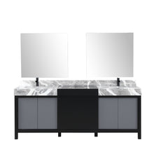 Load image into Gallery viewer, Lexora Zilara LZ342284DLIS000 84&quot; Double Bathroom Vanity in Black and Grey with Castle Grey Marble, White Rectangle Sinks, with Mirrors and Black Faucets