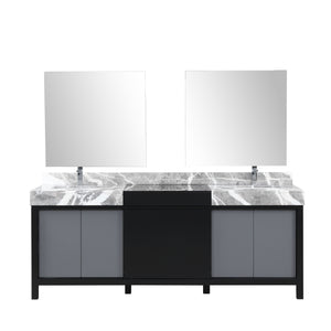 Lexora Zilara LZ342284DLIS000 84" Double Bathroom Vanity in Black and Grey with Castle Grey Marble, White Rectangle Sinks, with Mirrors and Chrome Faucets