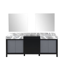 Load image into Gallery viewer, Lexora Zilara LZ342284DLIS000 84&quot; Double Bathroom Vanity in Black and Grey with Castle Grey Marble, White Rectangle Sinks, with Mirrors