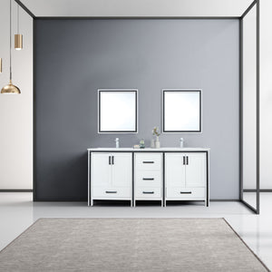 Lexora Ziva LZV352272SAJS000 72" Double Bathroom Vanity in White with Cultured Marble, White Rectangle Sinks, Rendered with Mirrors and Faucets