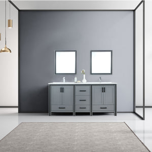 Lexora Ziva LZV352272SBJS000 72" Double Bathroom Vanity in Dark Grey with Cultured Marble, White Rectangle Sinks, Rendered with Mirrors and Faucets