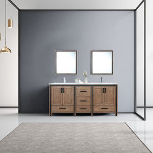 Lexora Ziva LZV352272SNJS000 72" Double Bathroom Vanity in Rustic Barnwood with Cultured Marble, White Rectangle Sinks, Rendered with Mirrors and Faucets