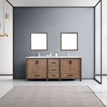 Load image into Gallery viewer, Lexora Ziva LZV352280SNJS000 80&quot; Double Bathroom Vanity in Rustic Barnwood with Cultured Marble, White Rectangle Sinks, Rendered with Mirrors and Faucets