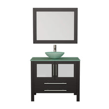 Load image into Gallery viewer, Cambridge Plumbing 8111-B 36&quot; Single Bathroom Vanity in Espresso with Tempered Glass Top and Vessel Sink, Matching Mirror, Front View with Brushed Nickel Faucet