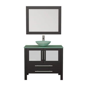 Cambridge Plumbing 8111-B 36" Single Bathroom Vanity in Espresso with Tempered Glass Top and Vessel Sink, Matching Mirror, Front View with Brushed Nickel Faucet