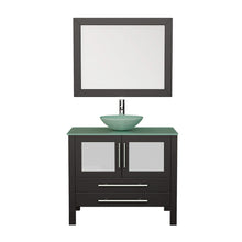 Load image into Gallery viewer, Cambridge Plumbing 8111-B 36&quot; Single Bathroom Vanity in Espresso with Tempered Glass Top and Vessel Sink, Matching Mirror, Front View with Chrome Faucet