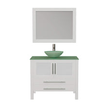 Load image into Gallery viewer, Cambridge Plumbing 8111BW 36&quot; Single Bathroom Vanity in White with Tempered Glass Top and Vessel Sink, Matching Mirror, Front View with Brushed Nickel Faucet