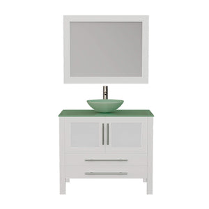 Cambridge Plumbing 8111BW 36" Single Bathroom Vanity in White with Tempered Glass Top and Vessel Sink, Matching Mirror, Front View with Brushed Nickel Faucet