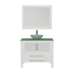 Cambridge Plumbing 8111BW 36" Single Bathroom Vanity in White with Tempered Glass Top and Vessel Sink, Matching Mirror, Front View with Chrome Faucet