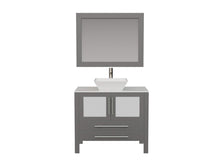 Load image into Gallery viewer, Cambridge Plumbing 8111G 36&quot; Single Bathroom Vanity in Gray with White Porcelain Top and Vessel Sink, Matching Mirror, Front View with Brushed Nickel Faucet