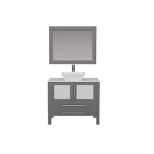 Load image into Gallery viewer, Cambridge Plumbing 8111G 36&quot; Single Bathroom Vanity in Gray with White Porcelain Top and Vessel Sink, Matching Mirror, Front View with Chrome Faucet
