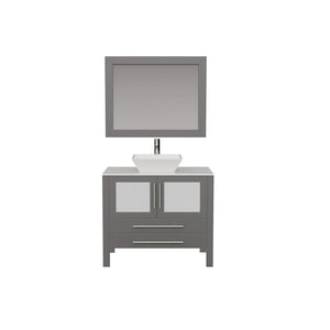 Cambridge Plumbing 8111G 36" Single Bathroom Vanity in Gray with White Porcelain Top and Vessel Sink, Matching Mirror, Front View with Chrome Faucet
