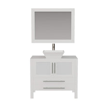 Load image into Gallery viewer, Cambridge Plumbing 8111W 36&quot; Single Bathroom Vanity in White with White Porcelain Top and Vessel Sink, Matching Mirror, Front View with Brushed Nickel Faucet