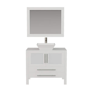 Cambridge Plumbing 8111W 36" Single Bathroom Vanity in White with White Porcelain Top and Vessel Sink, Matching Mirror, Front View with Brushed Nickel Faucet
