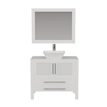 Load image into Gallery viewer, Cambridge Plumbing 8111W 36&quot; Single Bathroom Vanity in White with White Porcelain Top and Vessel Sink, Matching Mirror, Front View Chrome Faucet
