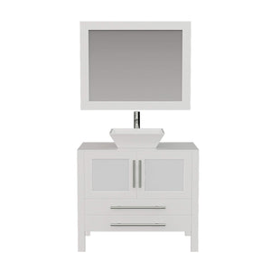 Cambridge Plumbing 8111W 36" Single Bathroom Vanity in White with White Porcelain Top and Vessel Sink, Matching Mirror, Front View Chrome Faucet