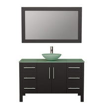 Load image into Gallery viewer, Cambridge Plumbing 8116B 48&quot; Single Bathroom Vanity in Espresso with Tempered Glass Top and Vessel Sink, Matching Mirror, Front View with Brushed Nickel Faucet