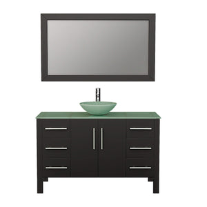 Cambridge Plumbing 8116B 48" Single Bathroom Vanity in Espresso with Tempered Glass Top and Vessel Sink, Matching Mirror, Front View with Chrome Faucet