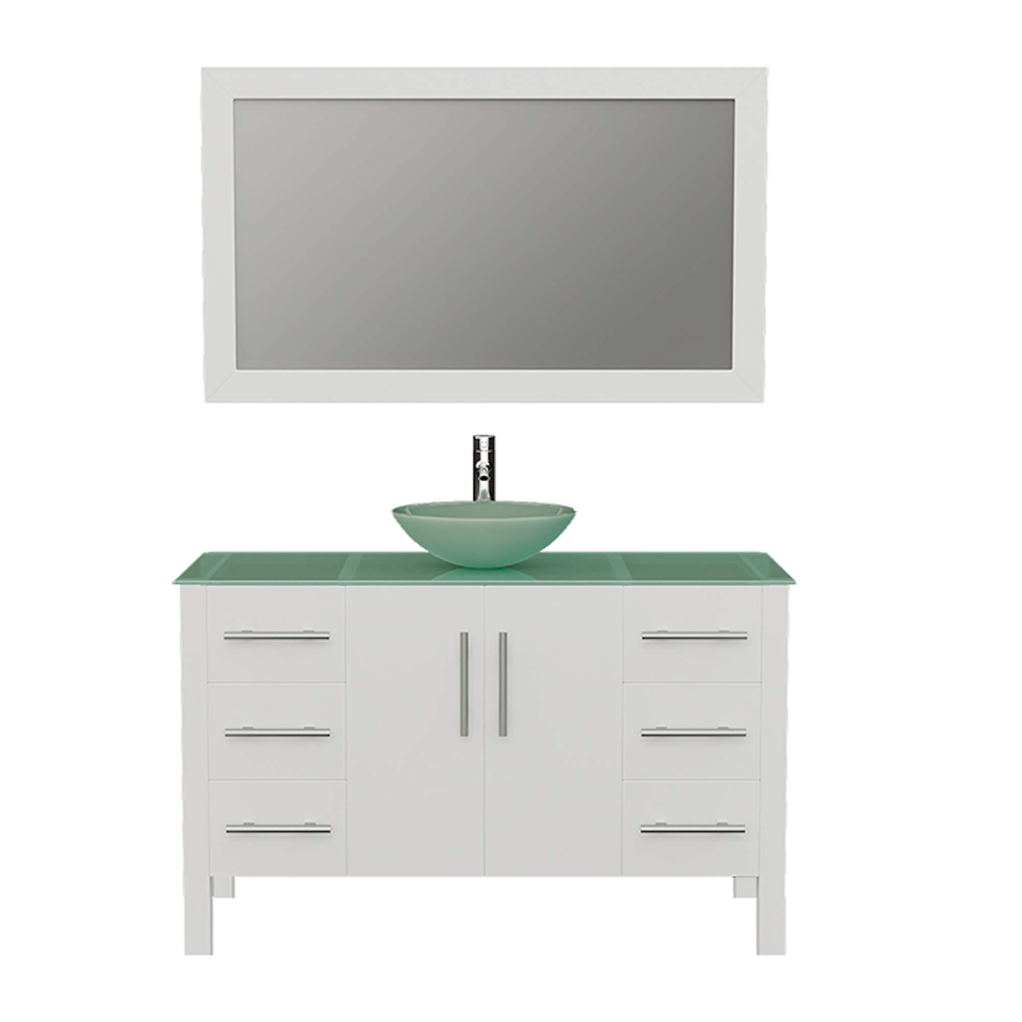 Cambridge Plumbing 8116B-W 48" Single Bathroom Vanity in White with Tempered Glass Top and Vessel Sink, Matching Mirror, Front View with Chrome Faucet
