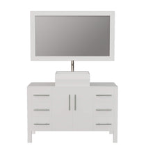Load image into Gallery viewer, Cambridge Plumbing 8116W 48&quot; Single Bathroom Vanity in White with White Porcelain Top and Vessel Sink, Matching Mirror, Front View with Brushed Nickel Faucet