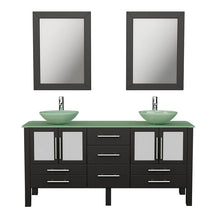 Load image into Gallery viewer, Cambridge Plumbing 8119-B 63&quot; Double Bathroom Vanity in Espresso with Tempered Glass Top and Vessel Sinks, Matching Mirrors, Front View with Chrome Faucets