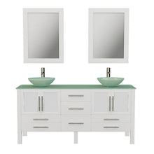 Load image into Gallery viewer, Cambridge Plumbing 8119BW 63&quot; Double Bathroom Vanity in White with Tempered Glass Top and Vessel Sinks, Matching Mirrors, Front View with Brushed Nickel Faucets
