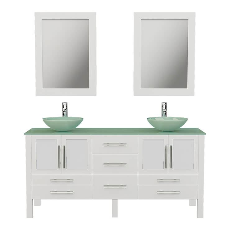 Cambridge Plumbing 8119BW 63" Double Bathroom Vanity in White with Tempered Glass Top and Vessel Sinks, Matching Mirrors, Front View with Chrome Faucets