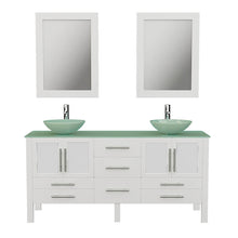 Load image into Gallery viewer, Cambridge Plumbing 8119BW 63&quot; Double Bathroom Vanity in White with Tempered Glass Top and Vessel Sinks, Matching Mirrors, Front View with Chrome Faucets