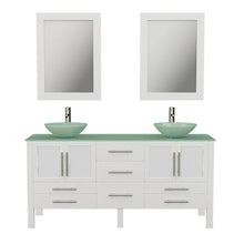 Load image into Gallery viewer, Cambridge Plumbing 8119BXLW 72&quot; Double Bathroom Vanity in White with Tempered Glass Top and Vessel Sinks, Matching Mirrors, Front View with Brushed Nickel Faucets