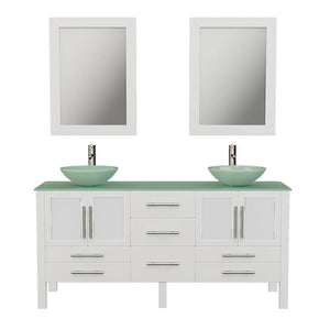 Cambridge Plumbing 8119BXLW 72" Double Bathroom Vanity in White with Tempered Glass Top and Vessel Sinks, Matching Mirrors, Front View with Brushed Nickel Faucets