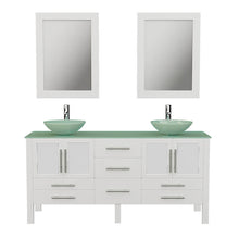 Load image into Gallery viewer, Cambridge Plumbing 8119BXLW 72&quot; Double Bathroom Vanity in White with Tempered Glass Top and Vessel Sinks, Matching Mirrors, Front View with Chrome Faucets