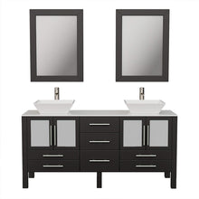 Load image into Gallery viewer, Cambridge Plumbing 8119F 63&quot; Double Bathroom Vanity in Espresso with White Porcelain Top and Vessel Sinks, Matching Mirrors, Front View with Brushed Nickel Faucets