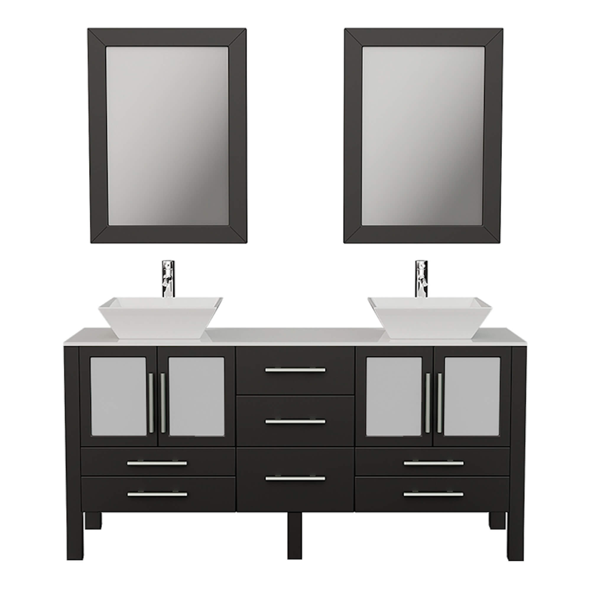 Cambridge Plumbing 8119F 63" Double Bathroom Vanity in Espresso with White Porcelain Top and Vessel Sinks, Matching Mirrors, Front View with Chrome Faucets
