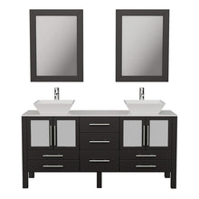 Load image into Gallery viewer, Cambridge Plumbing 8119F 63&quot; Double Bathroom Vanity in Espresso with White Porcelain Top and Vessel Sinks, Matching Mirrors, Front View with Chrome Faucets