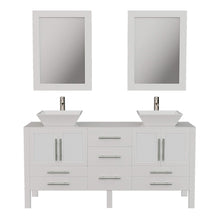Load image into Gallery viewer, Cambridge Plumbing 8119XLWF 72&quot; Double Bathroom Vanity in White with White Porcelain Top and Vessel Sinks, Matching Mirrors, Front View with Brushed Nickel Faucets