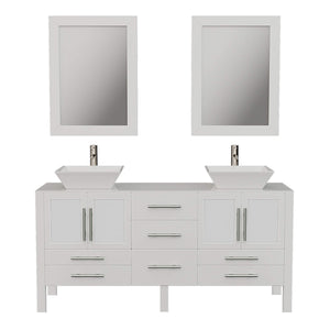 Cambridge Plumbing 8119XLWF 72" Double Bathroom Vanity in White with White Porcelain Top and Vessel Sinks, Matching Mirrors, Front View with Brushed Nickel Faucets