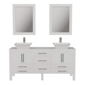 Cambridge Plumbing 8119WF 63" Double Bathroom Vanity in White with White Porcelain Top and Vessel Sinks, Matching Mirrors, Front View with Brushed Nickel Faucets