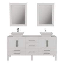 Load image into Gallery viewer, Cambridge Plumbing 8119WF 63&quot; Double Bathroom Vanity in White with White Porcelain Top and Vessel Sinks, Matching Mirrors, Front View with Chrome Faucets