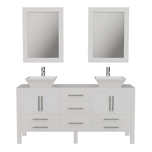 Cambridge Plumbing 8119WF 63" Double Bathroom Vanity in White with White Porcelain Top and Vessel Sinks, Matching Mirrors, Front View with Chrome Faucets