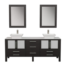 Load image into Gallery viewer, Cambridge Plumbing 8119XLF 72&quot; Double Bathroom Vanity in Espresso with White Porcelain Top and Vessel Sinks, Matching Mirrors, Front View with Brushed Nickel Faucets